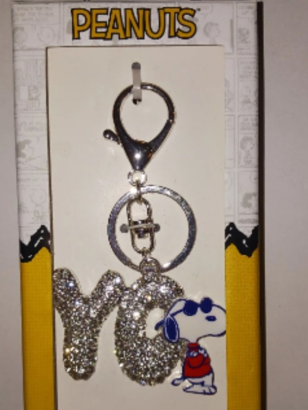 Peanuts Snoopy Silver Rhinestone "YO" Keychain with Blue & Red Accent